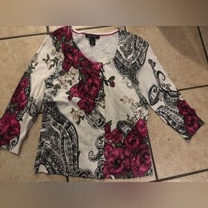 White House Black Market Pink and Black Floral Long Sleeve Top